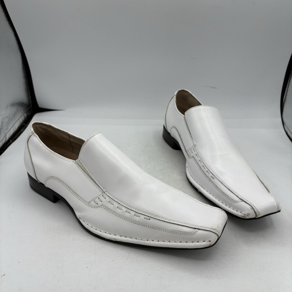 Stacy Adams Dress Shoes Mens Size 7.5 Templin Bike Toe White Leather Loafers‎